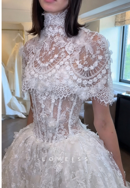 High Neck Lace Ball Gown Wedding Dress with Capelet