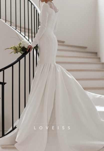 Lace Illusion Neckline Long Sleeve Mermaid Gown