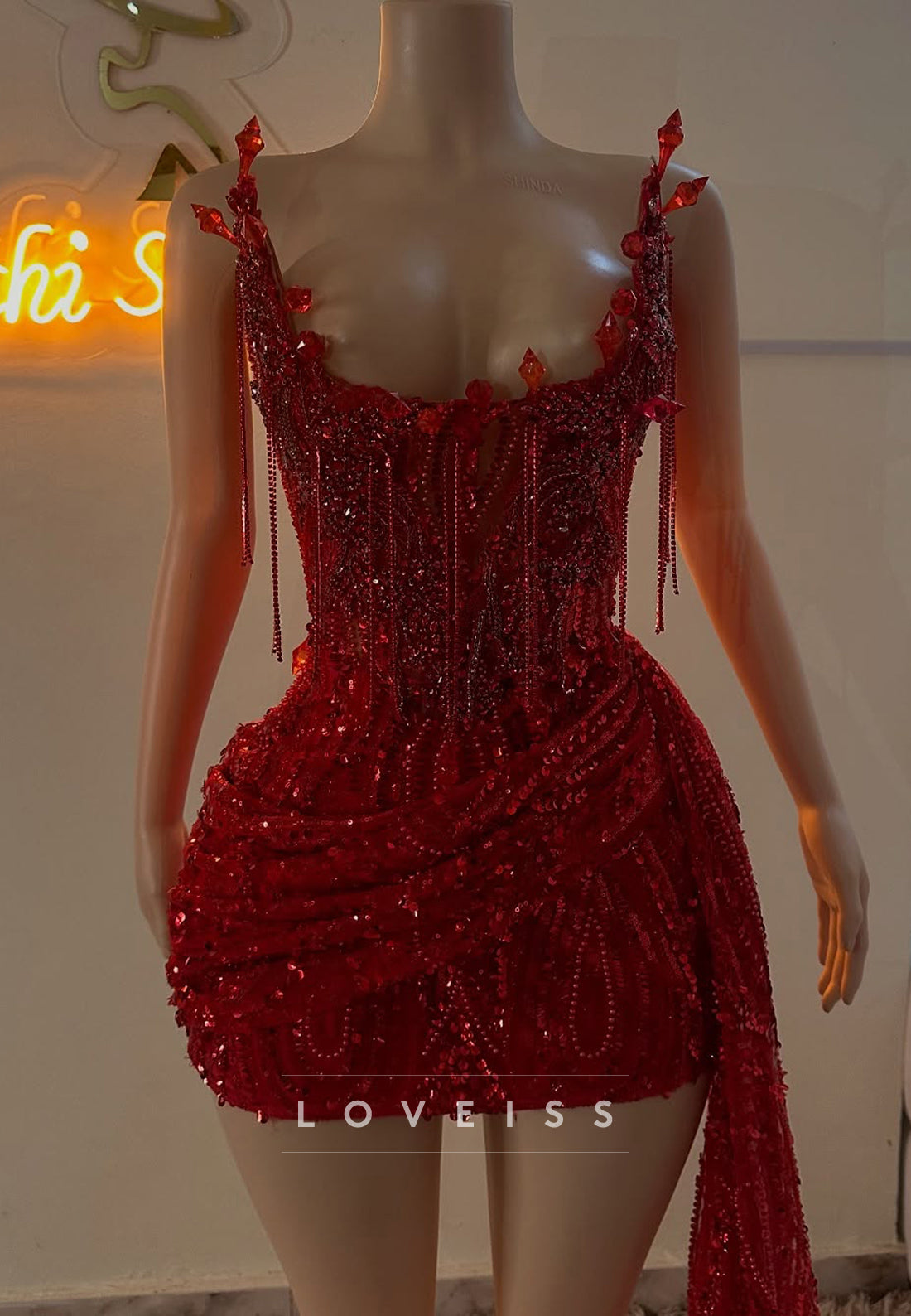 Asymmetrical Beaded Corset Evening Mini Dress