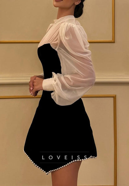 Sheer Puff Sleeve Colorblock Mini Dress with Pearl Trim
