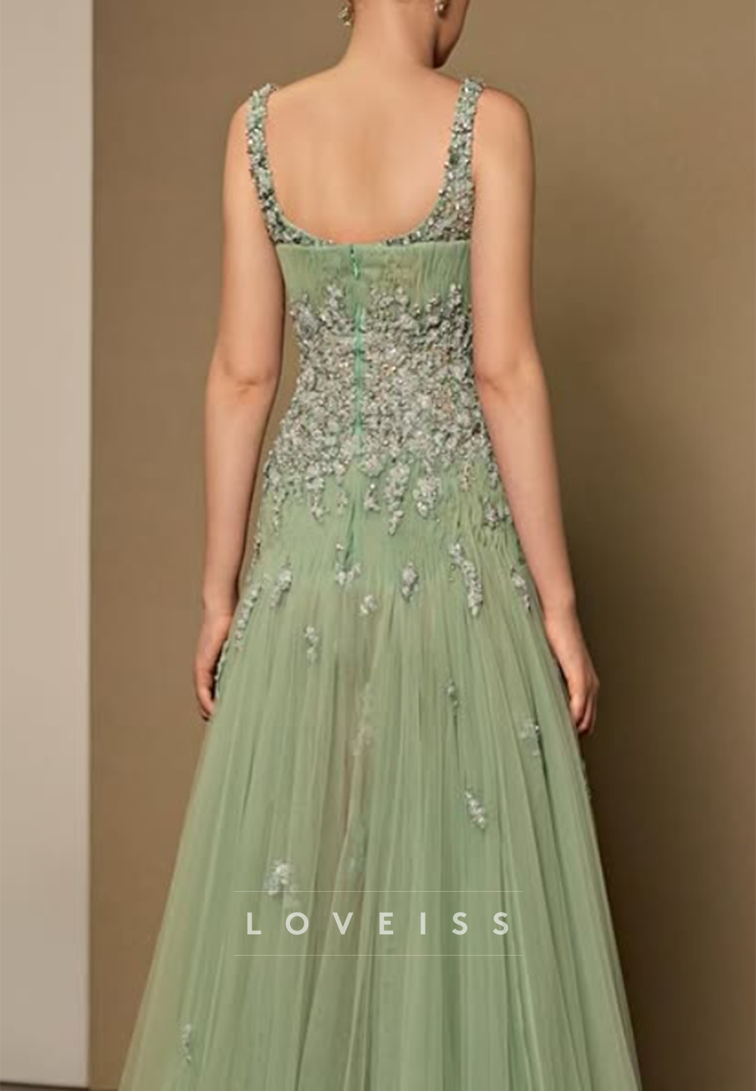 Beaded Floral Applique A-Line Tulle Evening Gown