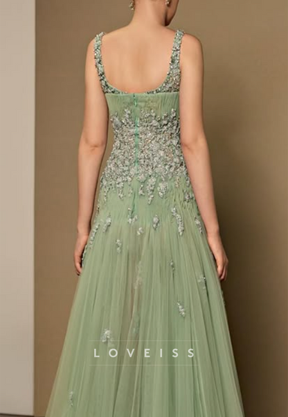 Beaded Floral Applique A-Line Tulle Evening Gown