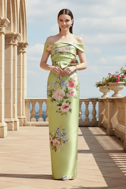 Off-the-Shoulder Floral Satin Column Gown