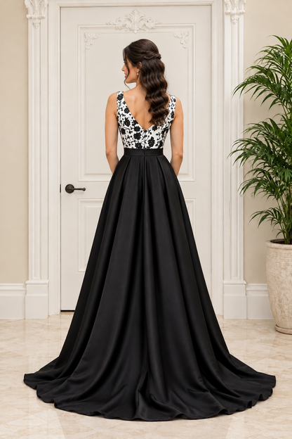 Floral Bodice V-Neck Ball Gown with Pockets