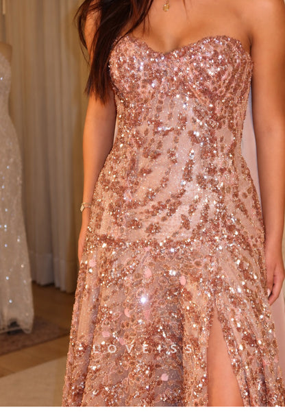 Sequin Strapless Gown with High Slit