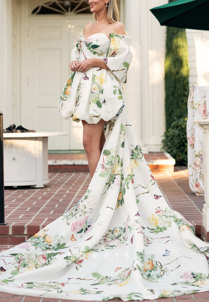 Floral Print Bubble Mini Dress with Train