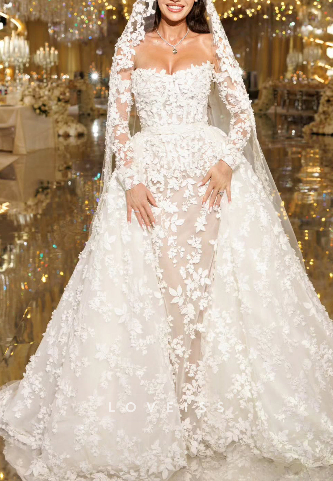 Strapless 3D Floral Wedding Gown with Detachable Overskirt