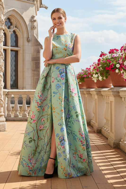 Sleeveless Floral A-Line Ball Gown with Pockets