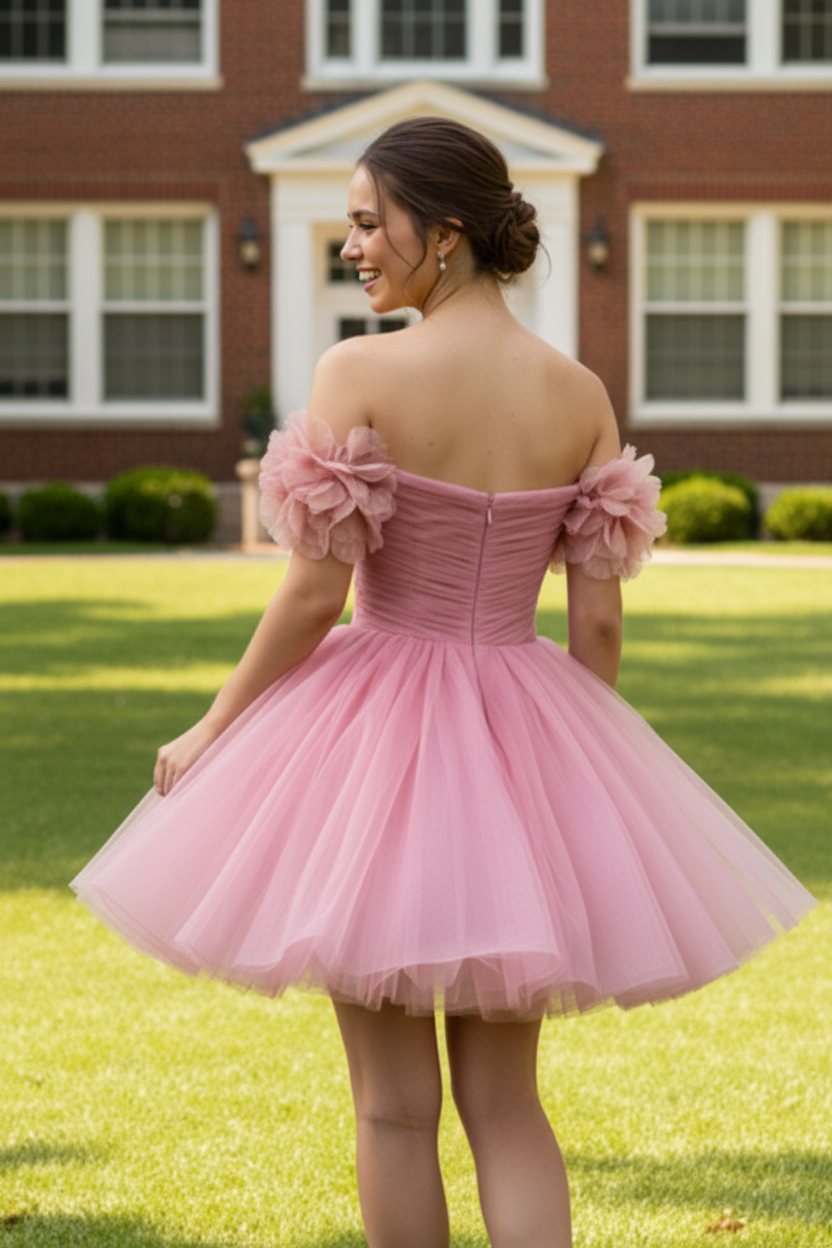 Off-the-Shoulder 3D Floral Tulle Mini Dress