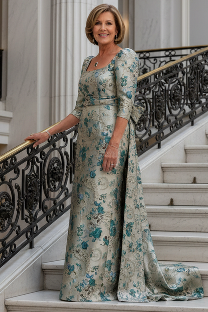 Square Neck Jacquard Column Gown with Back Drape