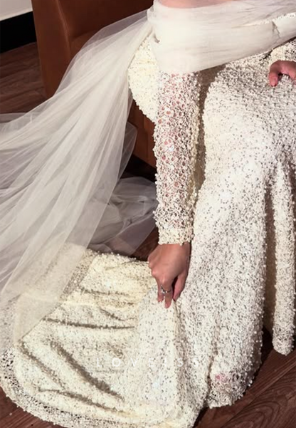 Off Shoulder Pearl Beaded Long Sleeve Mermaid Gown