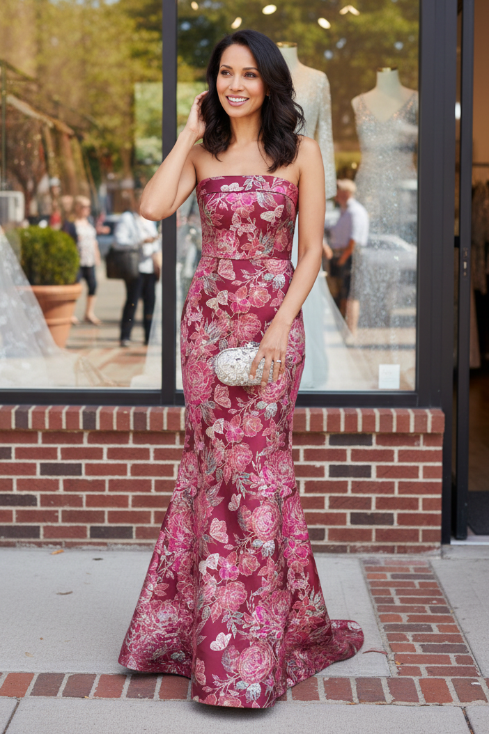 Strapless Floral Jacquard Trumpet Evening Gown