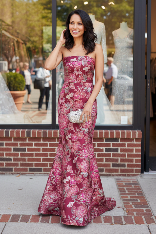 Strapless Floral Jacquard Trumpet Evening Gown