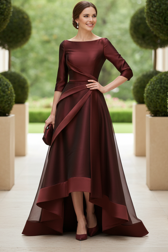 Bateau 3/4 Sleeve Pleated High-Low Evening Gown