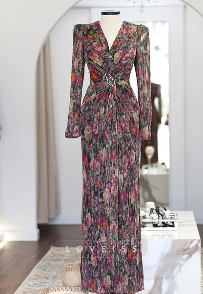 Floral Print Pleated Gown with Crystal Brooch