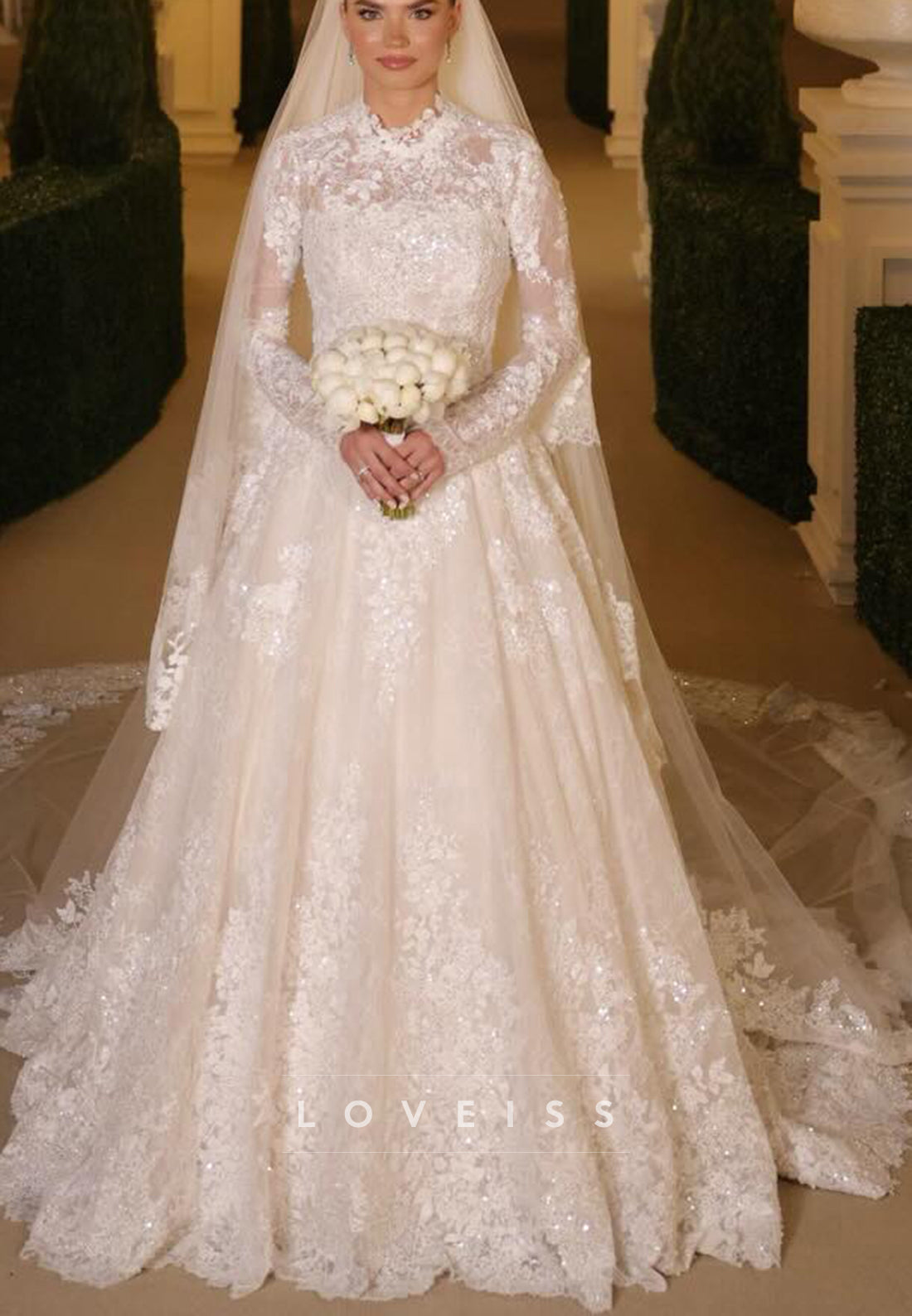 High Neck Lace Long Sleeve Ball Gown