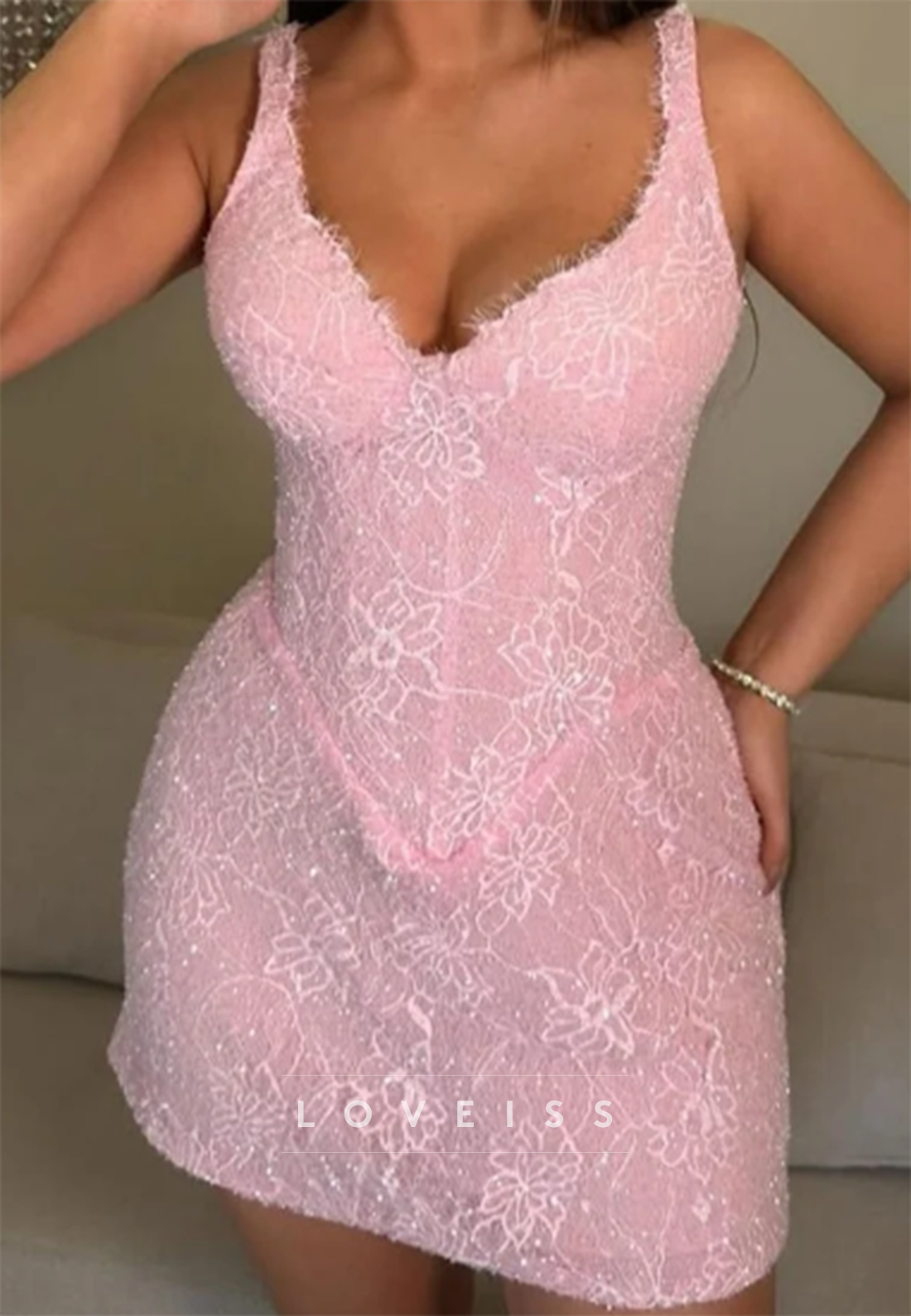 Pink Sequin Lace Fit and Flare Mini Dress