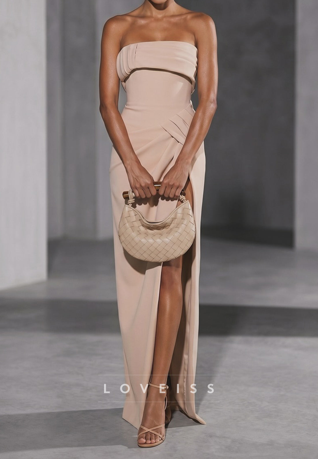 Strapless Pleated Column Gown with Corset Back
