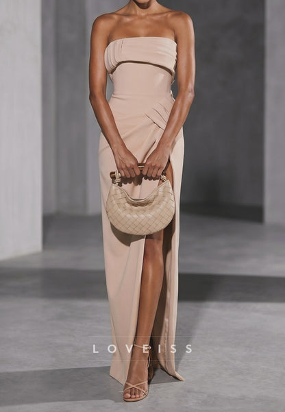 Strapless Pleated Column Gown with Corset Back