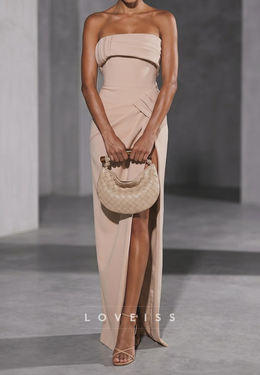 Strapless Pleated Column Gown with Corset Back