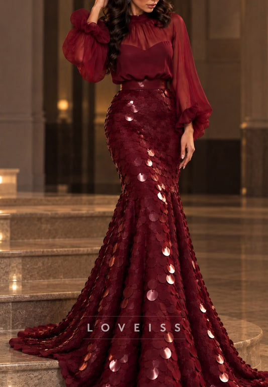 High Neck Sheer Sleeve Disc Sequin Mermaid Gown