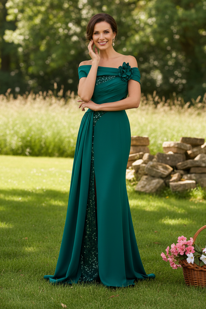 One-Shoulder Pleated Evening Gown with Sequin Slit