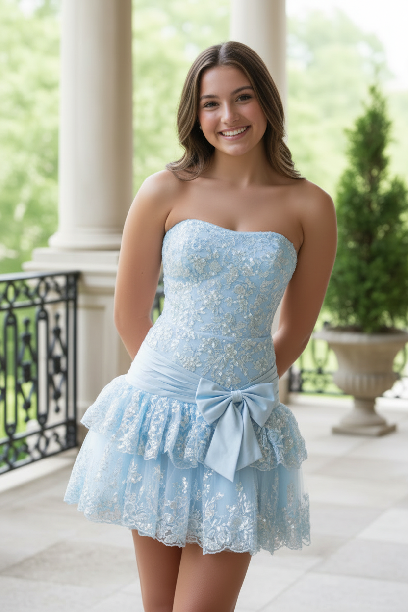 Strapless Tiered Lace Mini Dress with Bow Sash