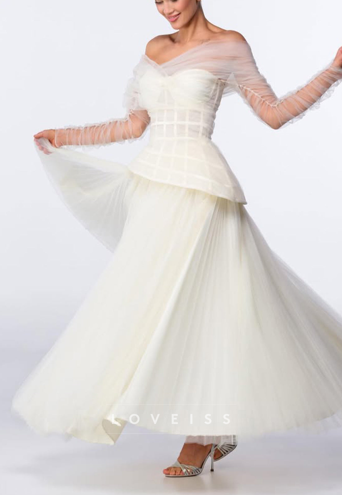 Pleated Tulle Off-Shoulder Gown with Corset Bodice