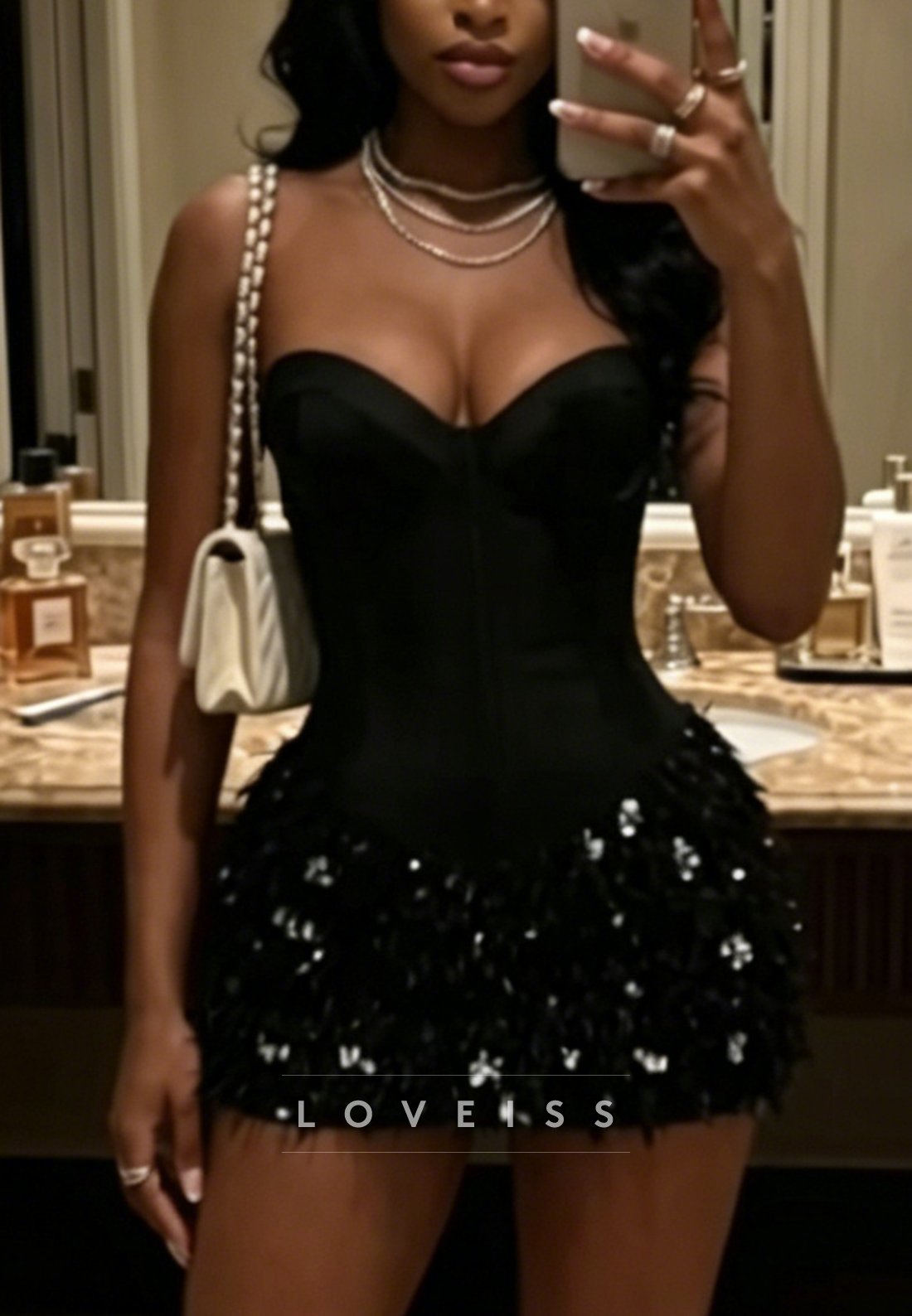 Strapless Corset Feather and Sequin Mini Dress
