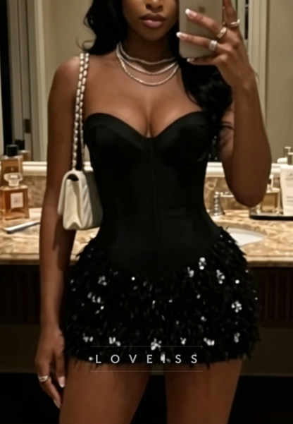 Strapless Corset Feather and Sequin Mini Dress