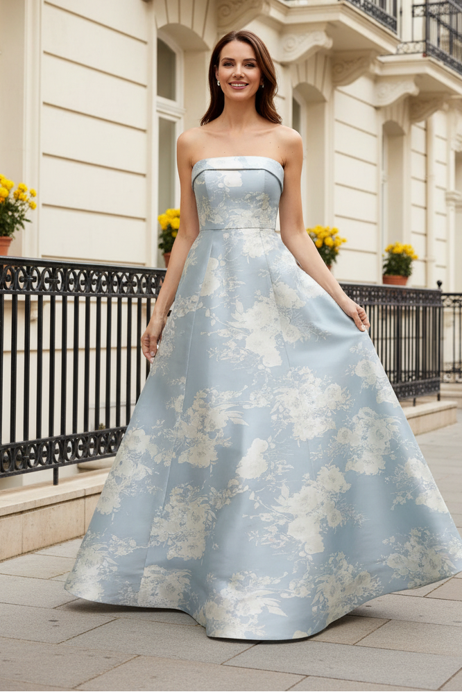 Strapless Floral Jacquard Pleated Ball Gown