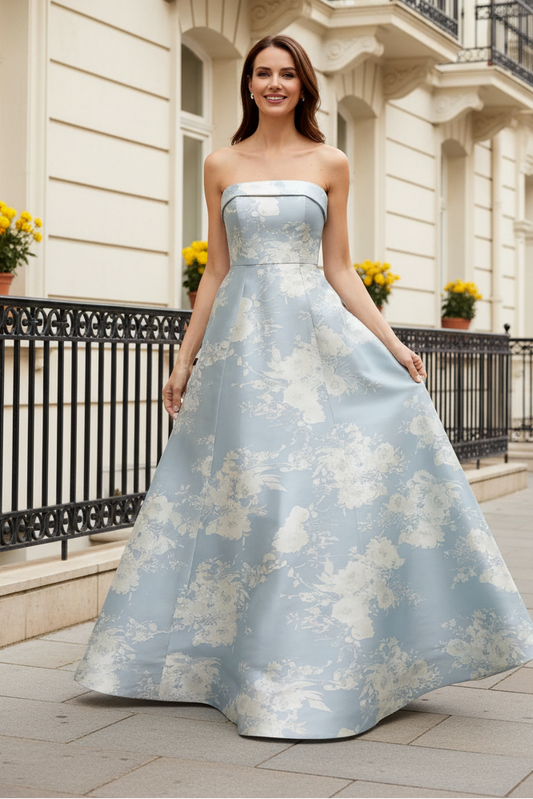 Strapless Floral Jacquard Pleated Ball Gown