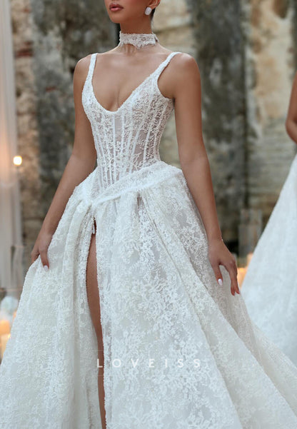 Deep V Lace Wedding Dress with Corset Bodice & High Slit