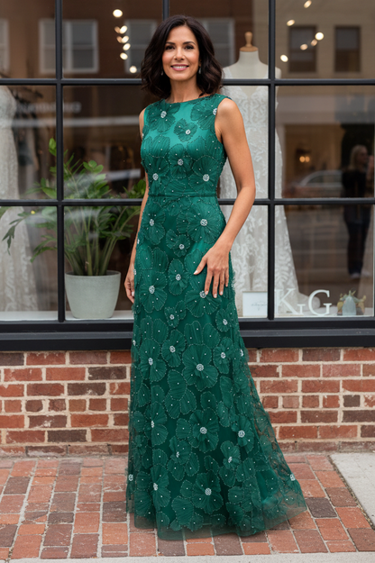 3D Floral Applique Sleeveless Bateau Gown