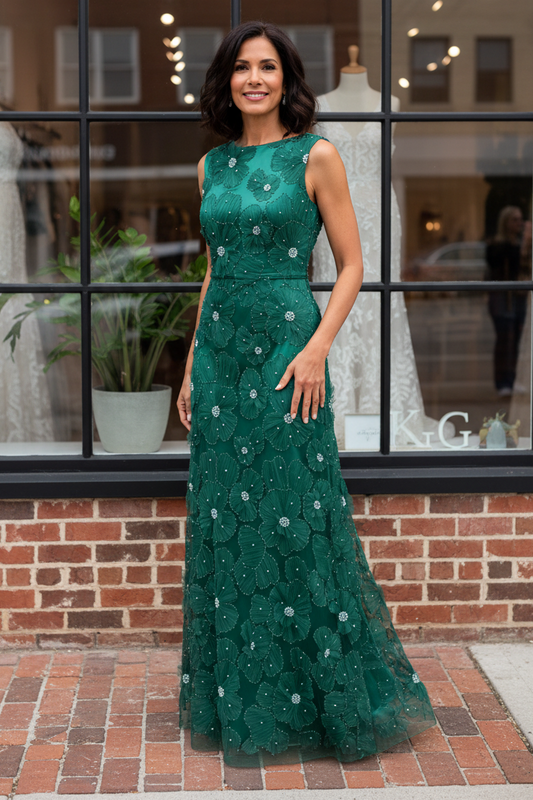 3D Floral Applique Sleeveless Bateau Gown