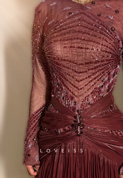Beaded Long Sleeve Illusion A-Line Evening Gown