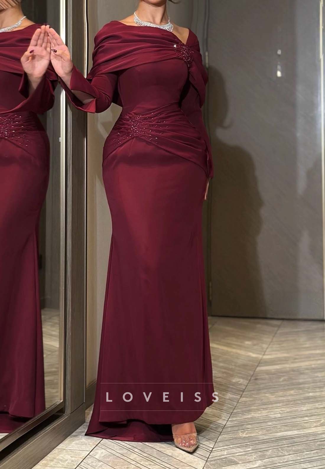 Draped Shawl Neck Beaded Mermaid Evening Gown
