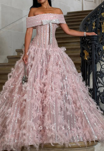 Off-the-Shoulder Feather Sequin Ball Gown