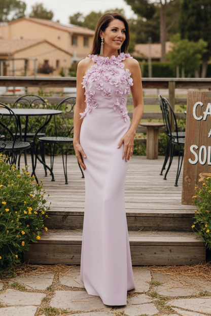 3D Floral Halter Neck Column Gown