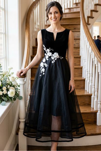 Floral Applique Sleeveless Midi A-Line Dress