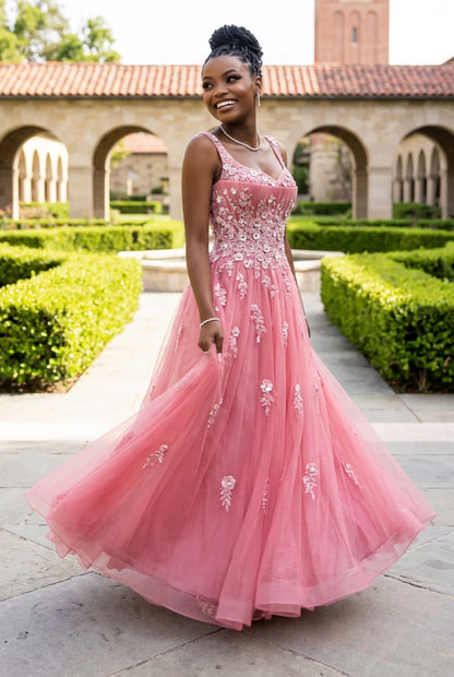 Floral Applique Corset Evening Gown