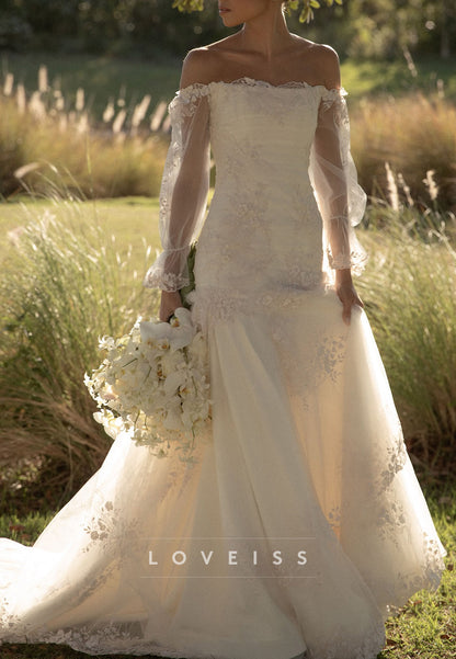 Off-the-Shoulder Lace Drop-Waist Wedding Dress