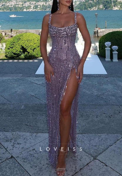 Beaded Fringe High Slit Formal Gown