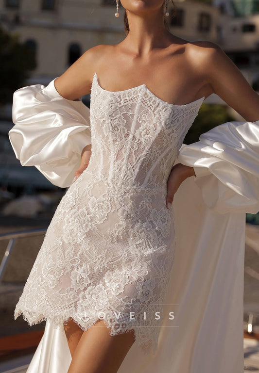 Strapless Lace Corset Bridal Mini Dress with Satin Train