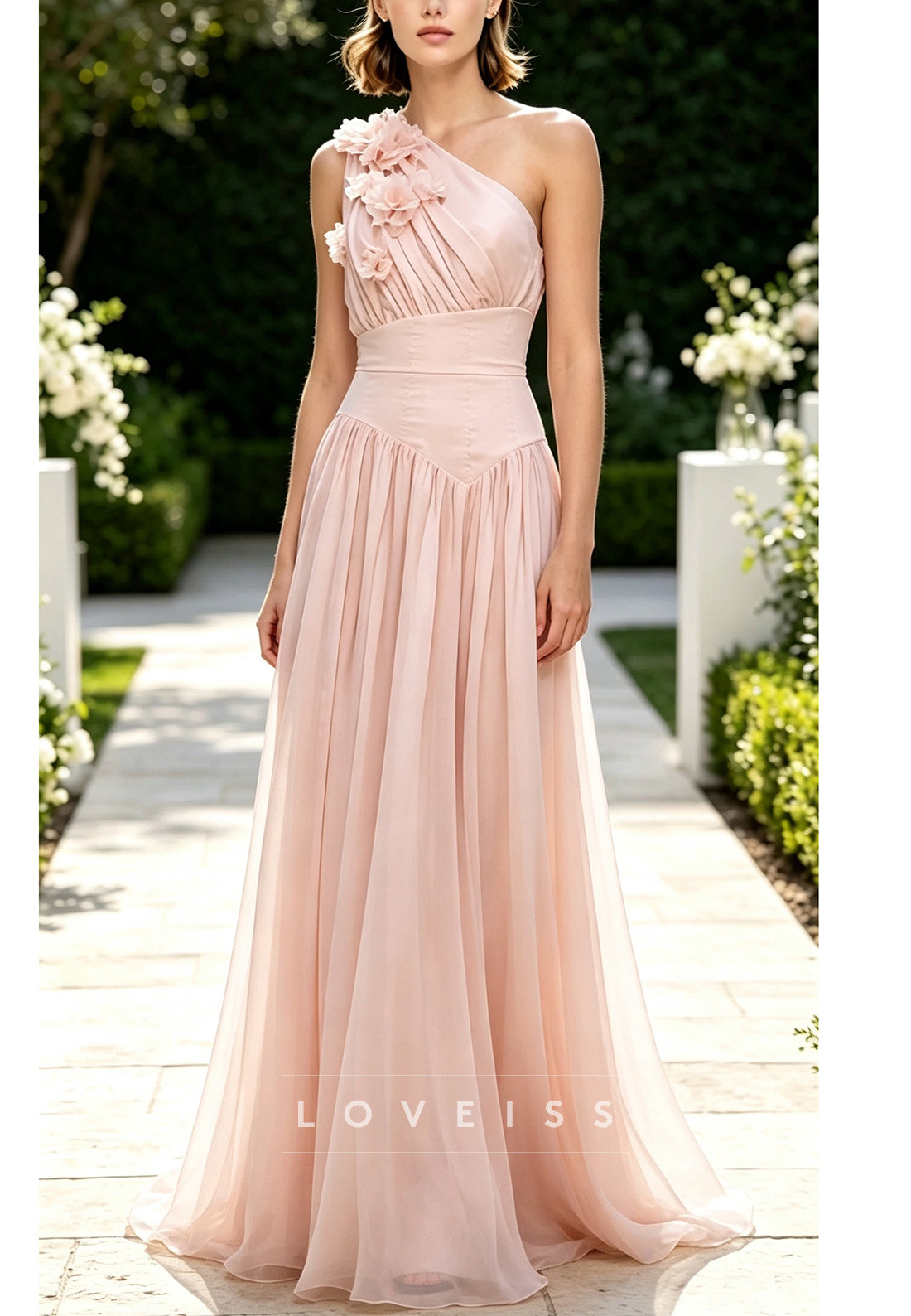 One-Shoulder Floral Applique A-Line Maxi Dress