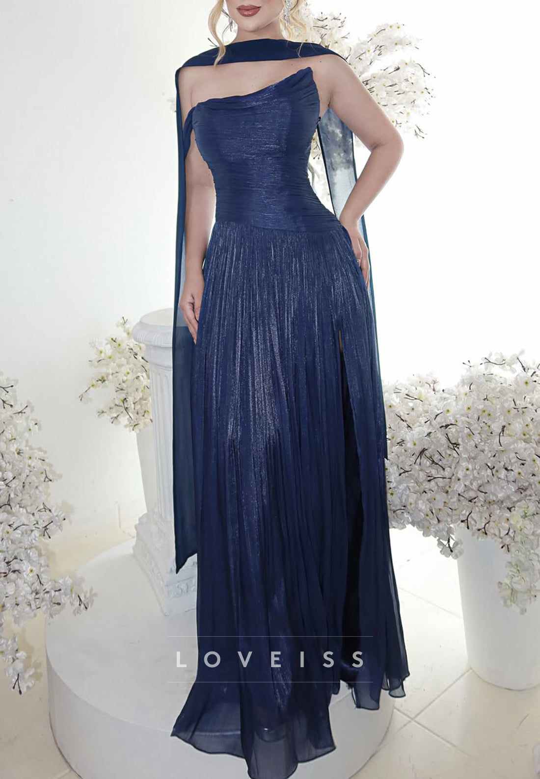 Metallic Pleated Gown with Draped Cape Detail