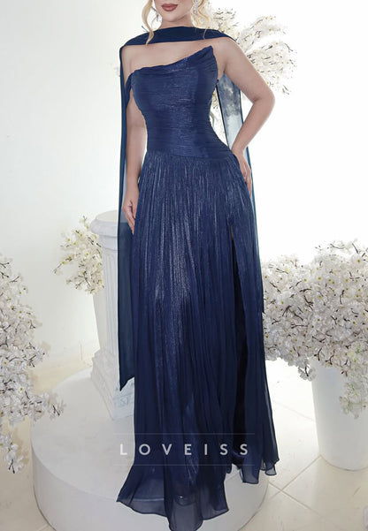 Metallic Pleated Gown with Draped Cape Detail