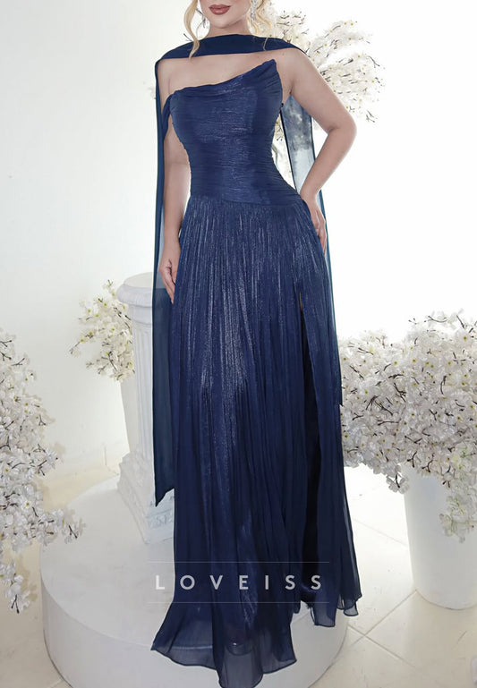 Metallic Pleated Gown with Draped Cape Detail