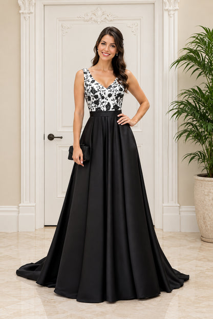 Floral Bodice V-Neck Ball Gown with Pockets