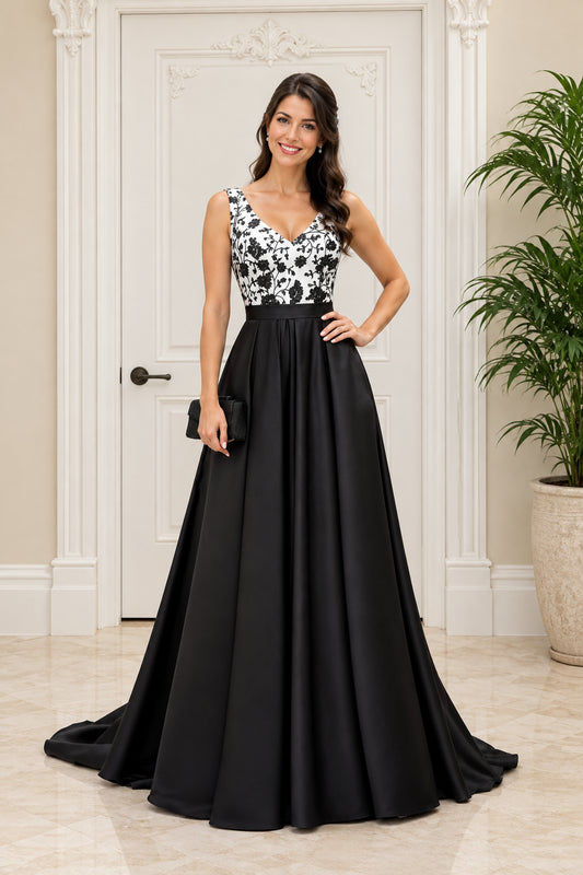 Floral Bodice V-Neck Ball Gown with Pockets